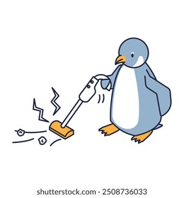 This is an isometric illustration of a penguin cleaning with a handy cleaner.