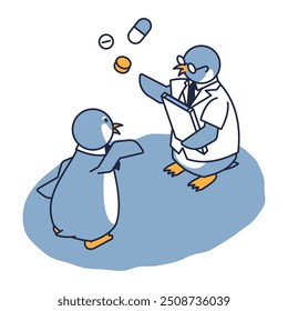 This is an isometric illustration of a penguin discussing how to take medicine with a pharmacist.