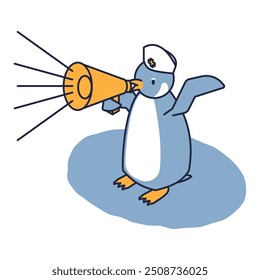 This is an isometric illustration of a penguin engaged in medical care wearing a nurse's cap calling out through a megaphone.