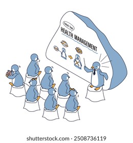 This is an isometric illustration of a penguin listening intently to a health management seminar.
