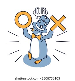This is an isometric illustration of a penguin, the moderator who asks questions on the Marubatsu quiz.