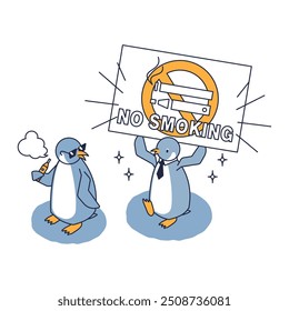 Esta é uma ilustração isométrica de um pinguim pressionando um pinguim que fuma um cigarro eletrônico aquecido com um cartaz de não-fumantes.