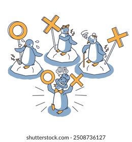 This is an isometric illustration of a penguin quizzing you on which health insurance can be used for sprains, stiff shoulders, and back pain.