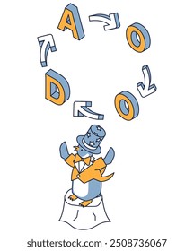 Esta es una ilustración isométrica de un pingüino que dirige el bucle marco de AOD.