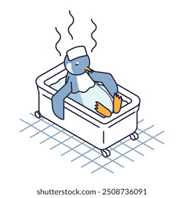 Esta é uma ilustração isométrica de um pinguim tomando um banho para aliviar a fadiga do dia.