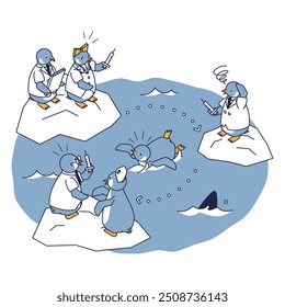 Esta é uma ilustração isométrica de um pinguim que se pergunta a que hospital recorrer para vacinação depois de visitar uma loja de conveniência ou de utilizar uma escada.