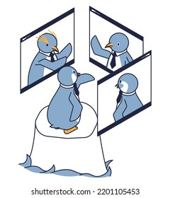 This is an isometric illustration of a penguins holding an online conference with countries around the world using a monitor.