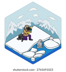 This is an isometric illustration of a photographer taking pictures of seals on an ice floe.