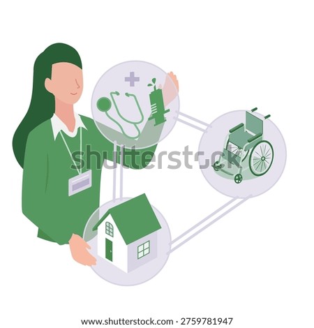 This is an isometric illustration of professionals who connect medical care, nursing care, and housing and support community-based comprehensive care.