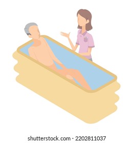 This is an isometric illustration of a senior man taking a bath with the help of a female staff member.