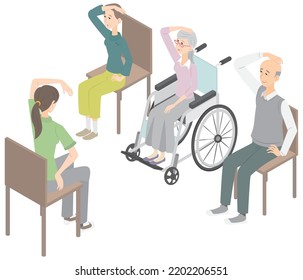 This is an isometric illustration of senior men and women sitting and stretching with facility staff.
