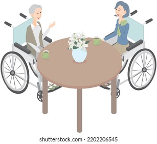This is an isometric illustration of a senior woman in a wheelchair having a fun conversation.