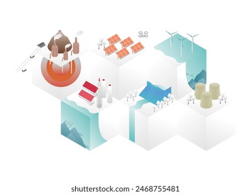 This is an isometric illustration of a set of energy and infrastructure.