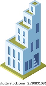 This isometric illustration showcases a modern building with green roofs, embodying the principles of sustainable and eco friendly architectural design