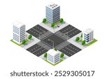 This isometric illustration shows a city intersection with traffic lights, crosswalks, and buildings, representing urban planning and infrastructure