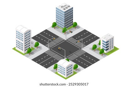 Esta ilustración isométrica muestra una intersección de la ciudad con semáforos, cruces peatonales y edificios, que representan la planificación urbana y la infraestructura