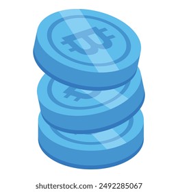 This isometric illustration shows three blue bitcoin coins stacked on top of each other