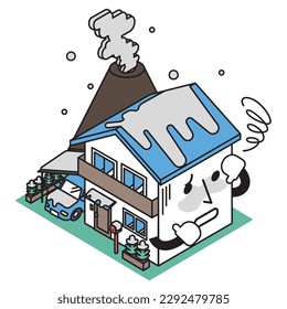 Esta es una ilustración isométrica de una sola casa que ha sido dañada por cenizas volcánicas.