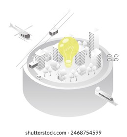 This is an isometric illustration of a smart city surrounding energy.