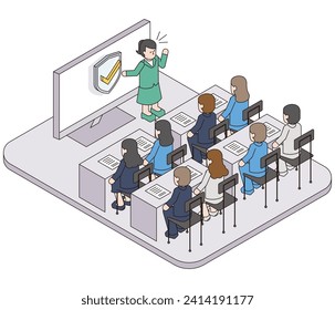 Esta es una ilustración isométrica de estudiantes e instructores que toman cursos de seguridad como ciberataques.