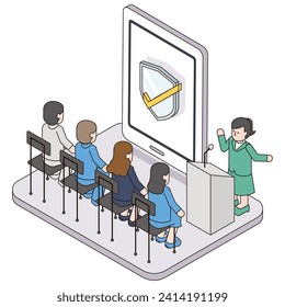 This is an isometric illustration of students and instructors taking security courses such as cyber attacks.