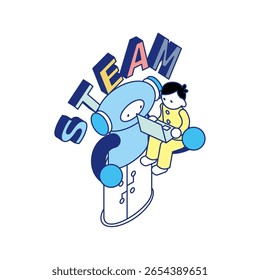 This is an isometric illustration that combines a robot and a child learning together with the letters STEAM.