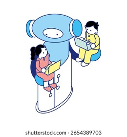 This is an isometric illustration that combines a robot and a child learning together with the letters STEAM.