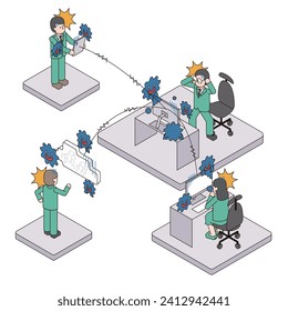 This is an isometric illustration of a troubled male office worker whose computer shared within the company has been infected with a virus.