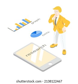 This is an isometric illustration without main line of a graph with a man who researches on a smartphone.