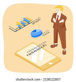 This is an isometric illustration without main line of a graph with a man who folds his arms and researches on a smartphone.