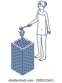 This is an isometric illustration of a woman who enters the sauna room and sprinkles aroma water on the sauna stone with a cassotte (self-roulou) with a towel wrapped around her waist.