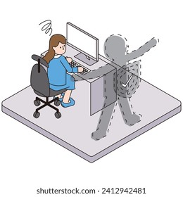 This is an isometric illustration of a woman who lacks security and is worried about being infected by a virus.