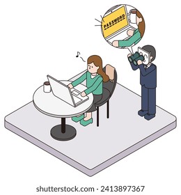 This is an isometric illustration of your password being stolen by a criminal while you are working on your computer while you are away.