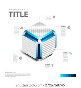 Esta infografía isométrica presenta un cubo 3D con paneles de marcadores de posición de fotos personalizables. El moderno cubo 3D utiliza un elegante diseño de infografía para mostrar claramente los datos comerciales y la información creativa.