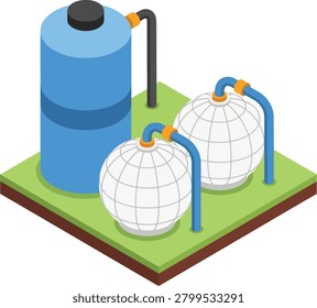 This isometric a simplified industrial setup featuring two spherical white tanks and one tall blue cylindrical tank, all connected by blue and orange pipes. The tanks are situated on a green platform with a brown border, representing the ground. The blue tank has a black cap on and pipes connect the tanks to each other and to an unseen system. The overall is clean and depicting of industrial infrastructure and fluid management. The background is white.