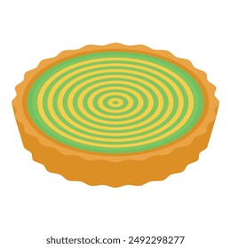 This isometric style illustration showing a round cake with green and yellow concentric circles