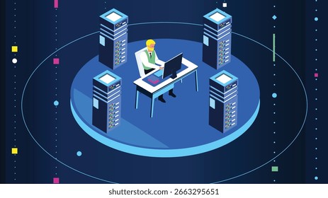 This isometric vector design depicts a futuristic tech workspace featuring a man working at a desk surrounded by advanced server towers. 