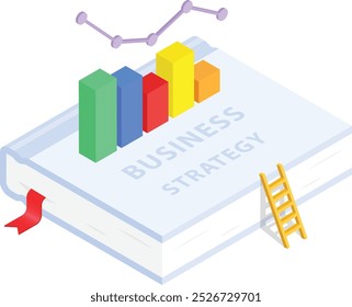 This isometric vector graphic depicts a book cover with the title "Business Strwithanied by colorful bar graphs and a line chart symbolizing growth and success.