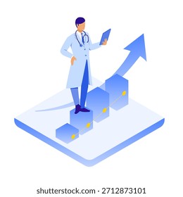 Esta é uma ilustração vetorial isométrica que representa um médico do sexo masculino analisando dados aprimorados e gráficos de crescimento habilitados pelo Health DX. Ele representa melhorias operacionais, eficiência na área de saúde e visualização de resultados, tornando-o adequado para uma ampla gama de usos, incluindo materiais de promoção DX, relatórios, apresentações e propostas de melhorias.