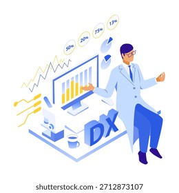 Esta es una Ilustración vectorial isométrica que representa a un médico masculino analizando datos visualizados a través de DX médica. Con Elementos como gráficos de líneas, gráficos circulares, paneles numéricos, microscopios y monitores, es ideal para materiales que explican el análisis de datos médicos, la medición del rendimiento y el campo de la tecnología de la salud.