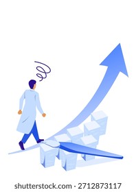 This is an isometric vector illustration depicting a male doctor perplexed before a mountain of paper charts. It expresses challenges in healthcare settings such as analog work, inefficiency, and workload burdens, making it ideal for materials raising issues prior to DX implementation.