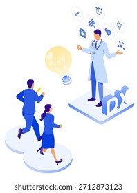 Esta es una Ilustración vectorial isométrica que representa una escena en la que un médico explica una idea de DX de atención médica, lo que lleva al personal a comenzar a tomar medidas. Sirve como material visual adecuado para la generación de ideas, la implementación de DX, la reforma del equipo y las propuestas de mejora de la atención médica.
