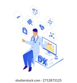 Esta es una Ilustración vectorial isométrica que representa a un médico masculino que utiliza DX médica (transformación digital). Combinando Elementos como íconos médicos, gráficos de análisis de datos y logotipos DX, ofrece una composición ideal para materiales explicativos sobre digitalización médica, atención médica de IA y el campo de la tecnología de la salud.