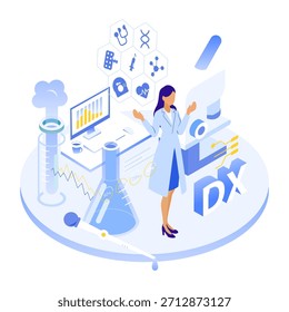 Esta es una Ilustración vectorial isométrica que representa a una médica utilizando DX (transformación digital) médica y datos de investigación. Incorpora Elementos como tubos de ensayo, matraces, monitores, gráficos de análisis e íconos médicos para representar de manera integral los campos de la investigación médica, la biotecnología, la atención médica de la IA y la tecnología de la salud.