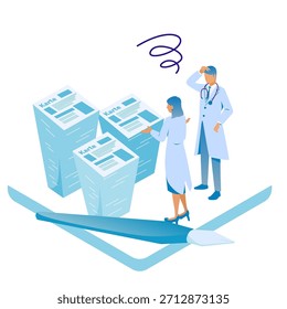 This is an isometric vector illustration depicting a doctor and medical staff overwhelmed by a large volume of paper medical records. It visually represents the burden and inefficiency caused by analog record-keeping tasks, making it ideal for explaining challenges in healthcare settings, illustrating pre-DX implementation situations, or creating improvement proposal materials.