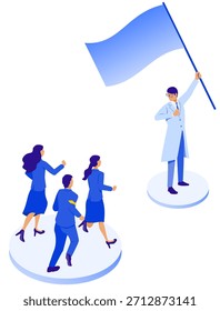 This is an isometric vector illustration depicting medical staff rushing toward a doctor holding a flag symbolizing healthcare DX. It can be used in a wide range of materials as a visual representing DX promotion, healthcare reform, team building, and unity in the medical field.