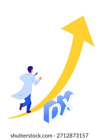 This is an isometric vector illustration depicting a male physician running toward medical DX. It symbolizes positive change such as improvement, reform, and digital transition, making it suitable for DX promotion materials and proposals.