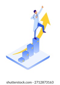 Esta es una Ilustración vectorial isométrica que representa a un médico masculino celebrando en una tabla de crecimiento después de lograr mejoras operacionales y mejores resultados a través de la atención médica DX. Expresa el éxito, los efectos de mejora, la mejora del rendimiento y la visualización de los resultados, lo que lo hace ideal para materiales de promoción de DX, proyectos de reforma de la atención médica y propuestas de mejora operativa.
