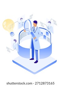 Esta es una Ilustración vectorial isométrica que representa a un médico masculino investigando información relacionada con la atención médica DX (transformación digital). Representa visualmente un escenario de investigación, investigación y análisis de información de DX de atención médica al combinar Elementos como datos médicos, íconos de expertos, herramientas analíticas y una bombilla que simboliza ideas.