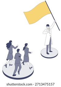 This is an isometric vector illustration depicting medical staff rushing toward a doctor holding a flag symbolizing healthcare DX. It can be used in a wide range of materials as a visual representing DX promotion, healthcare reform, team building, and unity in the medical field.